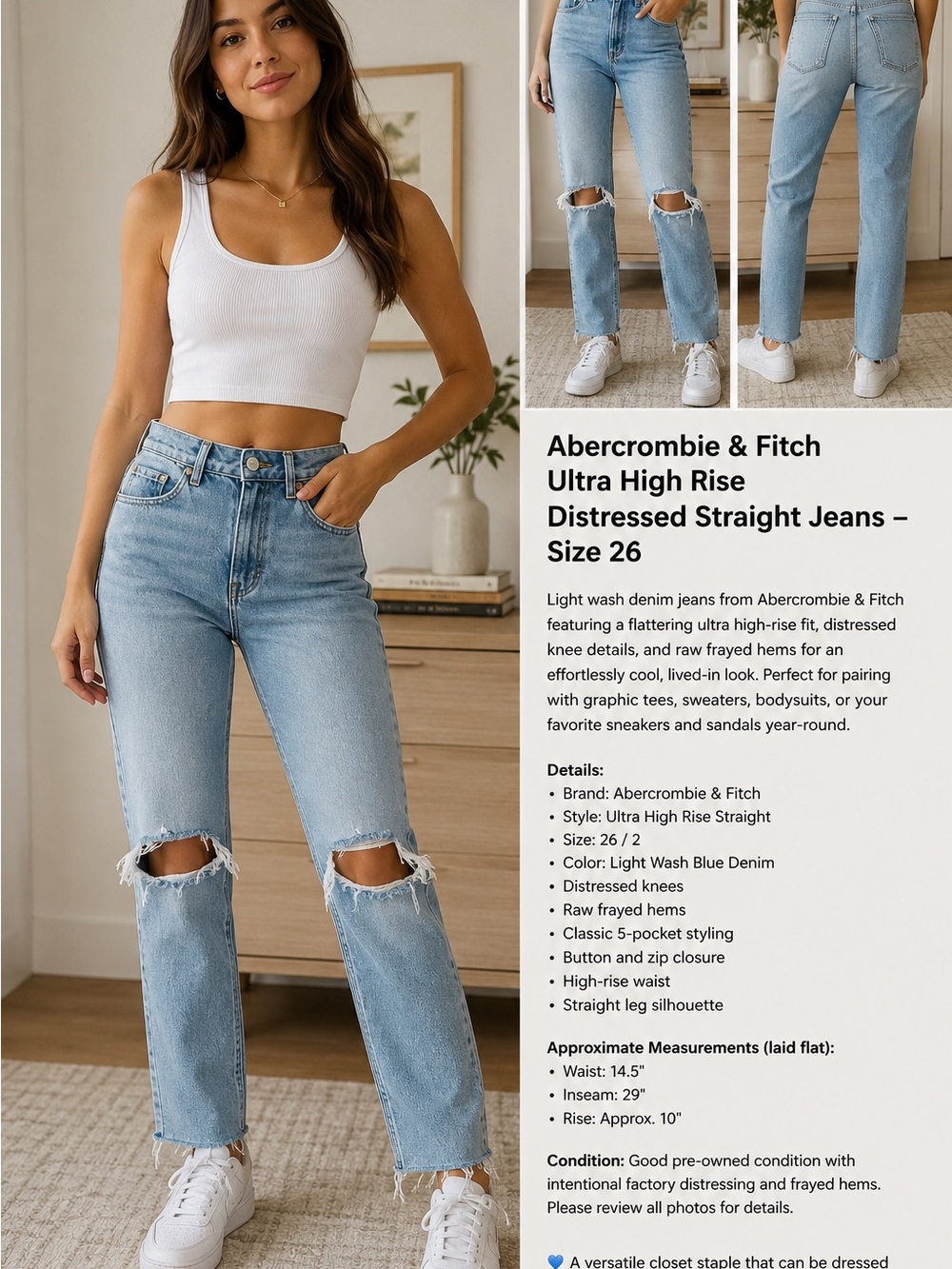 Abercrombie & Fitch Light Wash Blue High-Rise Distressed Straight Jeans